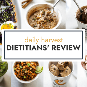 Seven images of Daily Harvest products of smoothie bowls, protein bites, veggie bowls, oatmeal, and sweet potato flatbread with a text overlay for a Header.