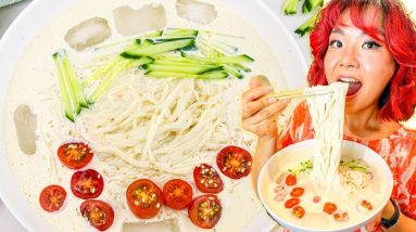 HIGH PROTEIN 5 MINUTE RECIPE: Korean Cold Soybean Noodle Soup (Kong Guksu) | Korean Vegan Cooking