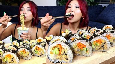 Vegan "Tuna" Roll RECIPE + MUKBANG (Kimbap & Ramen mukbang) | Munching Mondays Ep.129
